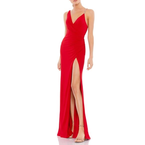 NEW‎ Mac Duggal 26532 Size 10 Red V-Neck Ruched Pearl Strap Long Maxi Gown Dress - Picture 2 of 4